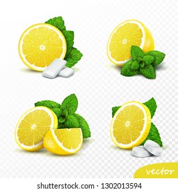 3d realistic vector set of whole and sliced lemons with fresh mint leaves, options with round pills and gum pads