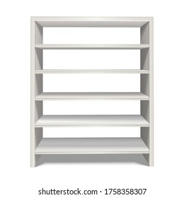 3d realistic vector shelf stand in white color from front view. Isolated on white background.