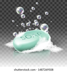 3D realistic vector soap with bubbles and foam, isolated, transparent background for advertisement, clipart, banners etc.