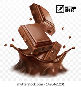 3D realistic vector splash of chocolate, cocoa or coffee, pieces of chocolate bar, crown