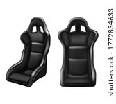 3d realistic vector sport car driving seat in black leather. Isolated on white background. In front and side view.