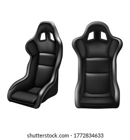 3d realistic vector sport car driving seat in black leather. Isolated on white background. In front and side view.