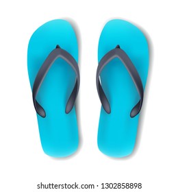 3d realistic vector summer flip flops shoes in blue color for man.