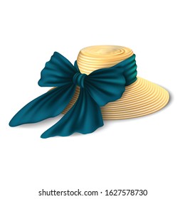 3d realistic vector summer hat with a silk bow. Isolated on white background.