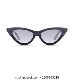 3D realistic vector sunglasses isolated on white. Cat eye shaped style. Trendy fashion accessory. Front view. 