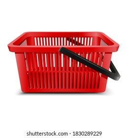 3d realistic vector supermarket  food cart plastic red empty basket with black handle. Isolated on white background.