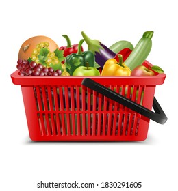 3d realistic vector supermarket  food carts plastic red empty baskets with black handle with fruit and vegetables inside, apples, grapes. Isolated on white background.