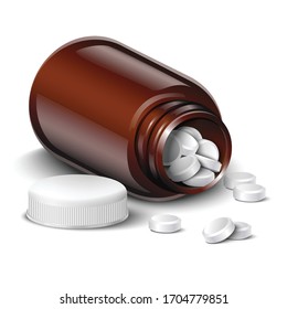 3d realistic vector tilted brown glass bottle of medicine with white pills, isolated on white background. 