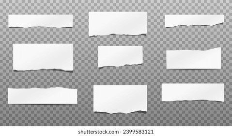 3d realistic vector torn paper pieces on transparent background with different cuts. Information reminder