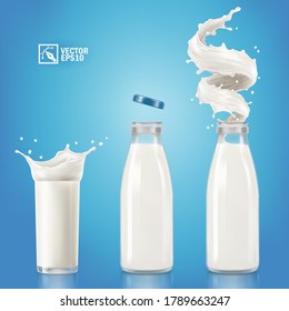 3d realistic vector transparent bottle and glass with splashes of milk or yogurt