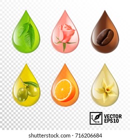 3d realistic vector transparent drops oil with taste and aroma: tea, rose, coffee, olive, orange, vanilla. Editable handmade mesh
