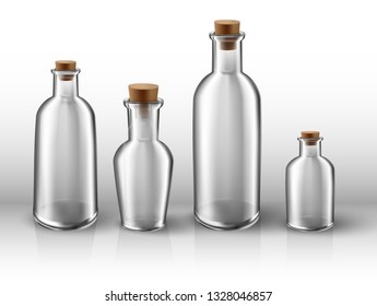 3d realistic vector transparent glass bottles set.
