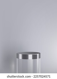 3d Realistic Vector Transparent Glass Tube cylinder with Glossy Chrome for product display