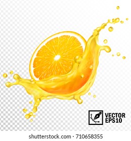 3d realistic vector transparent splash sliced orange juice. Editable handmade mesh.