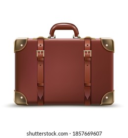 3d realistic vector travel business brown luggage in leather. Isolated on white background.