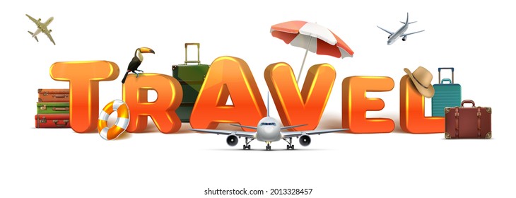 3d realistic vector travel letters. Isolated on white background with plane, umbrella, life circle, luggage and toucan bird.