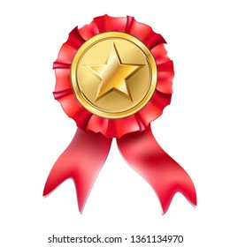 3d realistic vector trophy red ribbon badge with star.