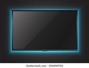 3d Realistic Vector TV Scree On The Wall With Neon Light.