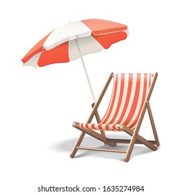 3d реалистичный векторный значок отдыха пляжный шезлонг с зонтиком, деревянный шезлонг. Летний отдых. Изолированные на белом фоне иллюстрации.