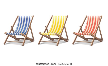 3d realistic vector vacation icon set beach sunbed in three different colours. Summertime relax. Isolated on white background illustration.