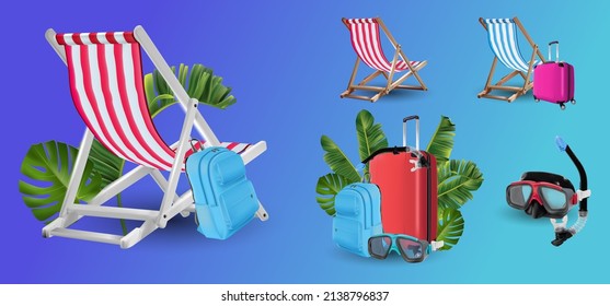 3d Realistic Vector Vacation Icon Set Beach Sunbed In Three Different Colours. Summertime Relax. Deck Chair Or Beach Chaise Longue. Flat 3d Isometric Illustration.