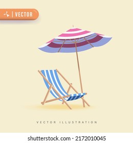 3D Realistic vector vacation icon beach sunbed with umbrella, wooden deck chair. Summertime relax. Sun lounger. Beach umbrella, beach chair.