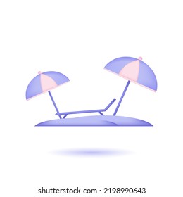 3d realistic vector vacation icon beach sunbed with umbrella and sand, wooden deck chair. Summertime relax. 3d render vector illustration