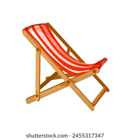 3d realistic vector vacation icon beach lounger with wooden deck chair. Summer rest. Isolated on white background illustration.