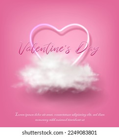 3d realistic vector Valentines banner. Romantic celebration banner, flyer, web, greeting card. Neon heart with white cloud on pink background.