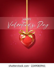 3d realistic vector Valentines banner. Romantic celebration banner, flyer, web, greeting card. Red heart hanging on golden ribbon.