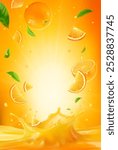 3d realistic vector vertical banner, orange juice splash, orange juice color background with flying leaves for your design, ads