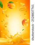 3d realistic vector vertical banner, mango juice splash, mango juice color background with flying leaves for your design, ads