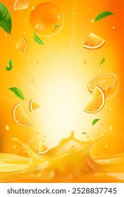 Banner vertical vetor realista 3d, splash de suco de laranja, fundo de cor de suco de laranja com folhas voadoras para seu design, anúncios