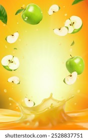 3d realistic vector vertical banner, apple juice splash, green apple juice color background with flying leaves for your design, ads