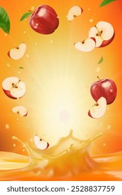 3d realistic vector vertical banner, apple juice splash, red apple juice color background with flying leaves for your design, ads