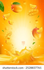 3d realistic vector vertical banner, mango juice splash, mango juice color background with flying leaves for your design, ads