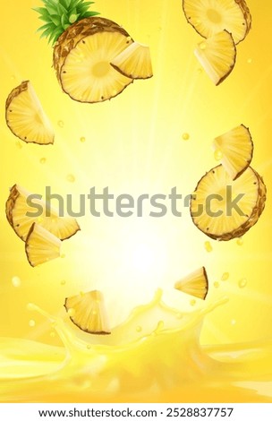 3d realistic vector vertical banner, pineapple juice splash, pineapple juice color background with flying leaves for your design, ads