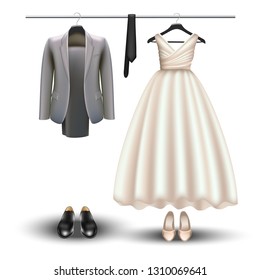 3d realistic vector wardrobe concept. Bride and groom clothes with tie, shoes and white dress for the wedding.