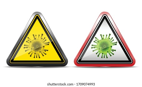3d realistische Vektorillustration Warnzeichen des Virus. Einzige Symbol-Illustration auf weißem Hintergrund. In der Metall-und roten Grenze.