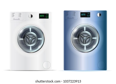 3d realistic vector washers. Realistic white and blue steel front loading washing machines on a white background. Front view, close-up. 