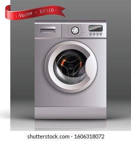 3d realistic vector washing machine in front view on the gray background, template for cover or banner.