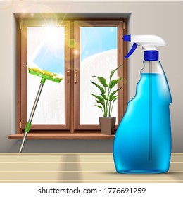 3d realistic vector washing of the windows background, with mop and spray product with plant on the window.