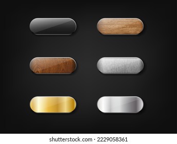 3d realistic vector web buttons. Gold, wood, metal and black. Isolated on white background.