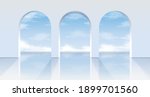 3d realistic vector white arches with a view on the blue sky. 