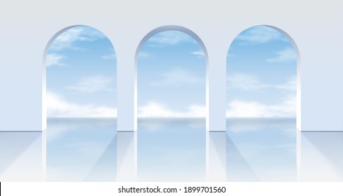 3d realistic vector white arches with a view on the blue sky. 