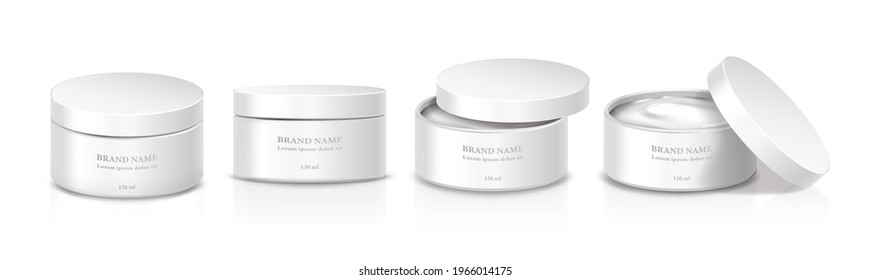 3d realistic vector white cosmetic cream jars in front view with open and closed cap.