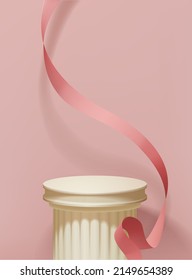 3d realistic vector white greek rome pillar podium againts pink wall with red ribbon