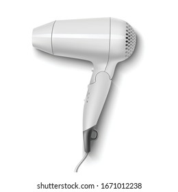 3d realistic vector white hair dryer. Isolated icon on white background.
