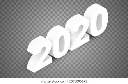 3d realistic vector white number 2020 on transparent background in isometric view. Happy new year design concept. Minimalistic trendy illustration for branding banner, cover, poster, card.