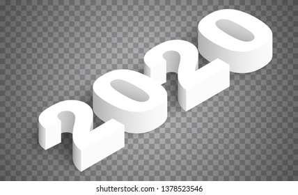 3d realistic vector white number 2020 on transparent background in isometric view. Happy new year design concept. Minimalistic trendy illustration for branding banner, cover, poster, card.